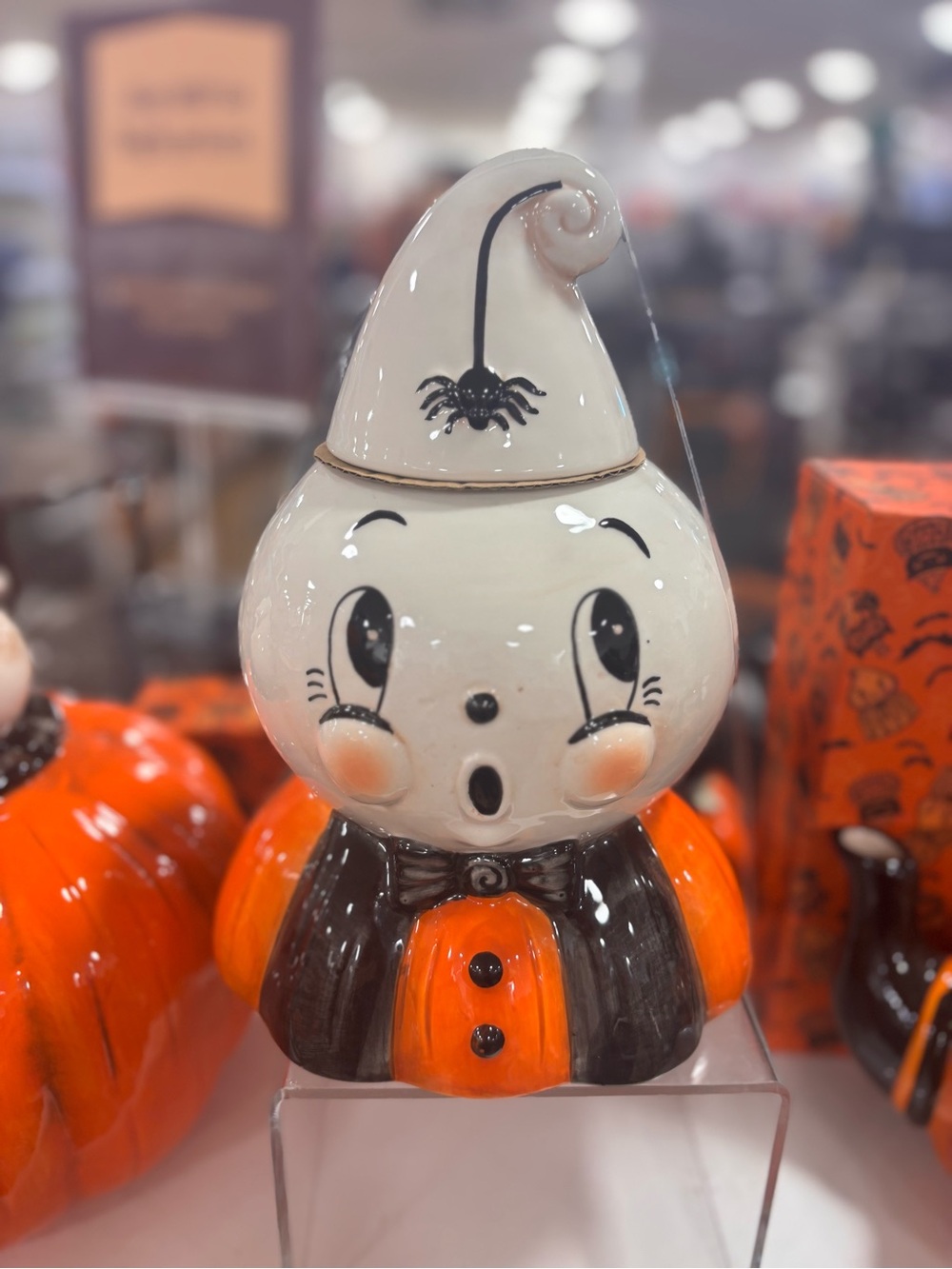 Johanna Parker Cute Halloween Ghost Cookie Jar in Cream, Orange, Black